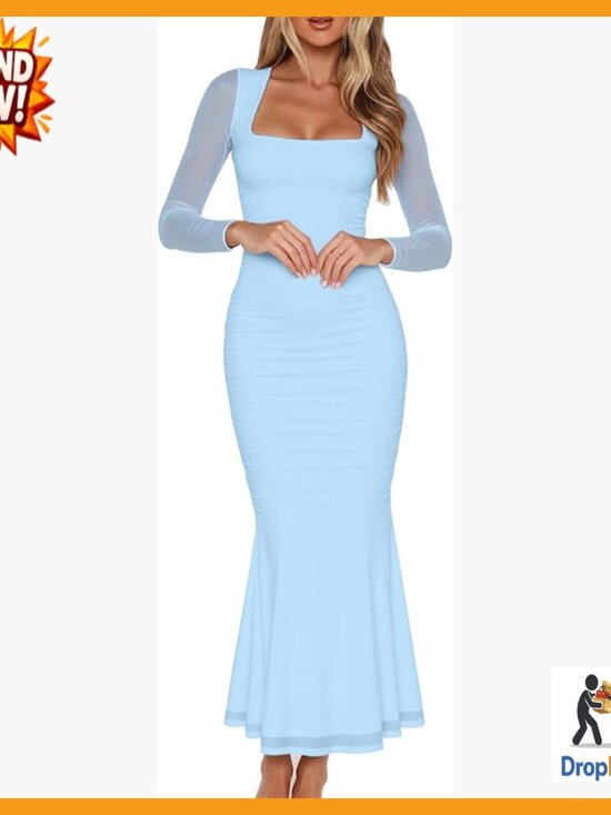Dresses & Skirts - Ruched Bodycon Maxi Dress Long Sleeve Mesh Square Neck Elegant Cocktail Party